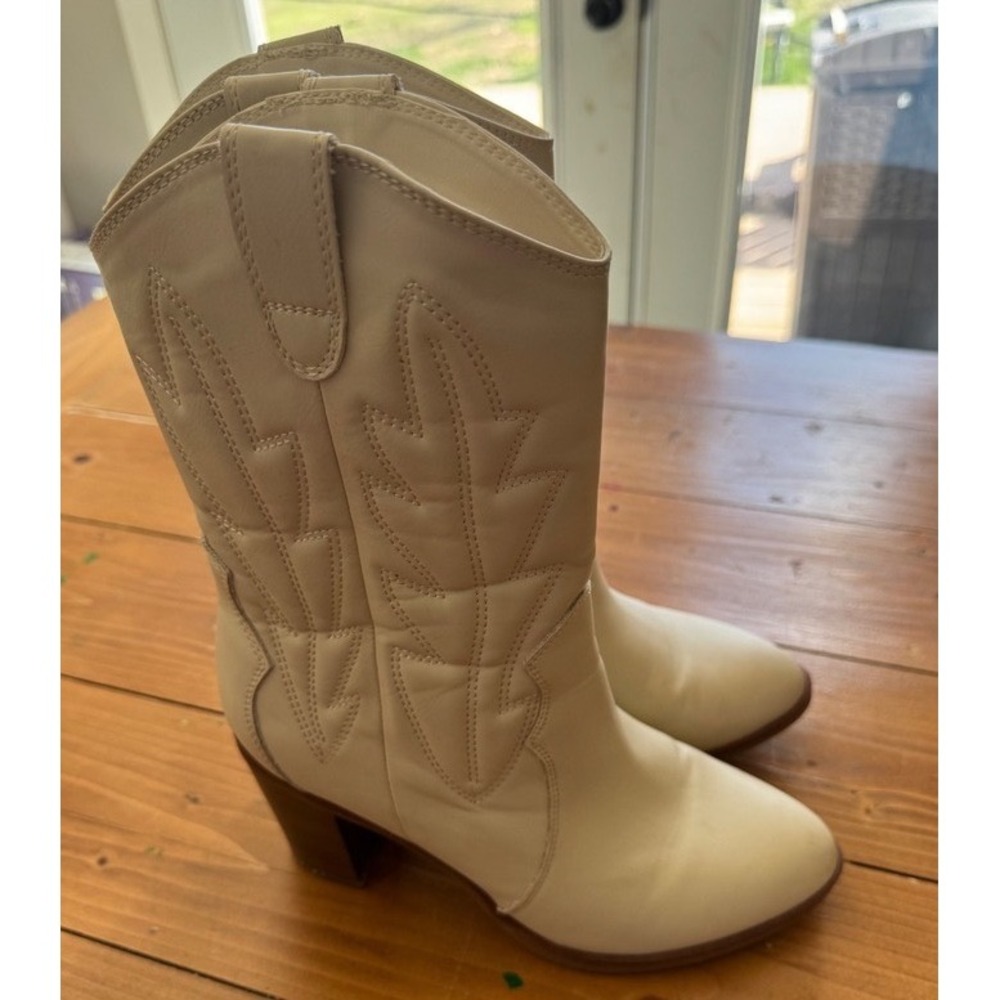 MIA Womens Off White Western Cowgirl Boots Block Heel Mid Calf Pointed Toe Ivory - Picture 6 of 10